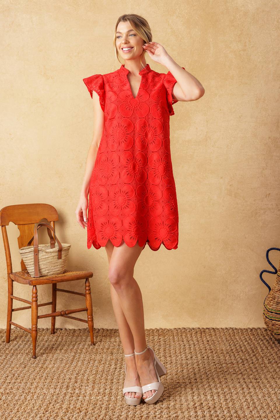 FLEETING WHISPERS LACE WOVEN MINI DRESS Flying Tomato